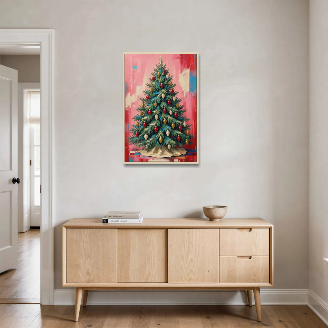 Christmas Tree Canvas Painting with Vintage Bulbs - Oak Framed Canvas Wall Art - Coffee Table - 24x36