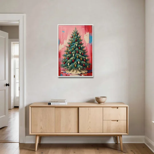 Christmas Tree Canvas Painting with Vintage Bulbs - White Framed Canvas Wall Art - Coffee Table - 24x36