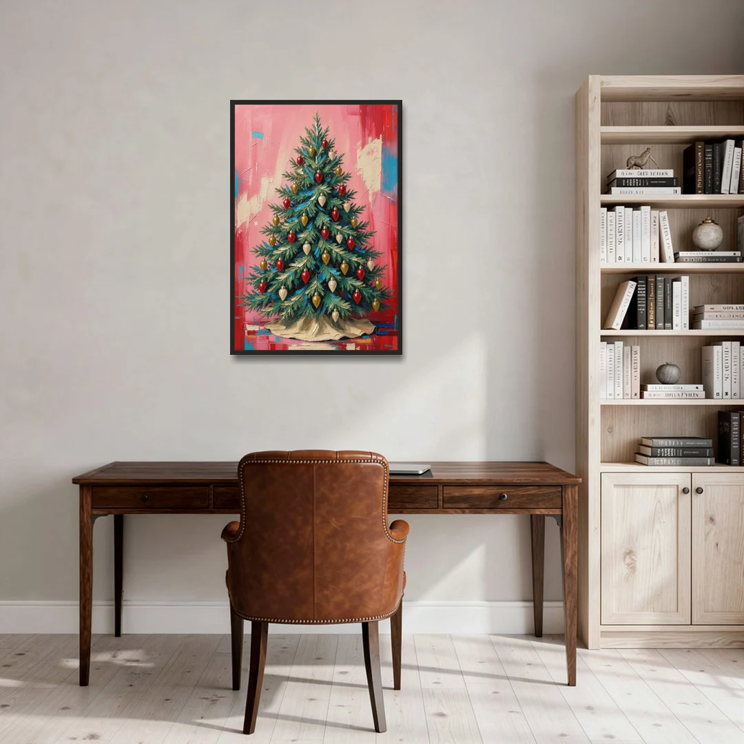 Christmas Tree Canvas Painting with Vintage Bulbs - Black Framed Canvas Wall Art - Office - 24x36