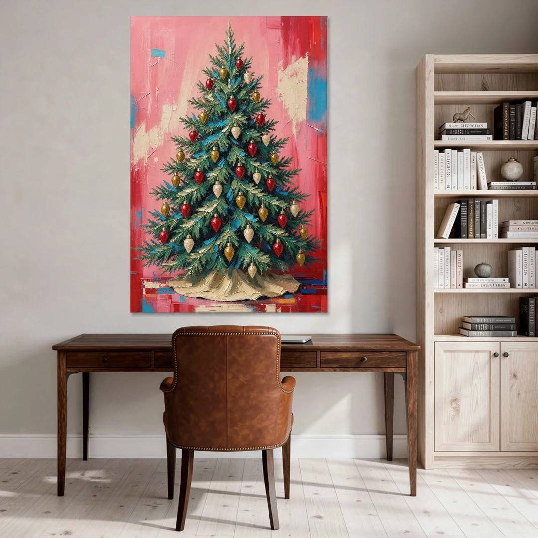 Christmas Tree Canvas Painting with Vintage Bulbs - Canvas Wall Art - Office - 40x60