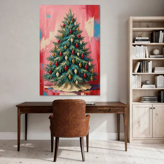 Christmas Tree Canvas Painting with Vintage Bulbs - Canvas Wall Art - Office - 40x60