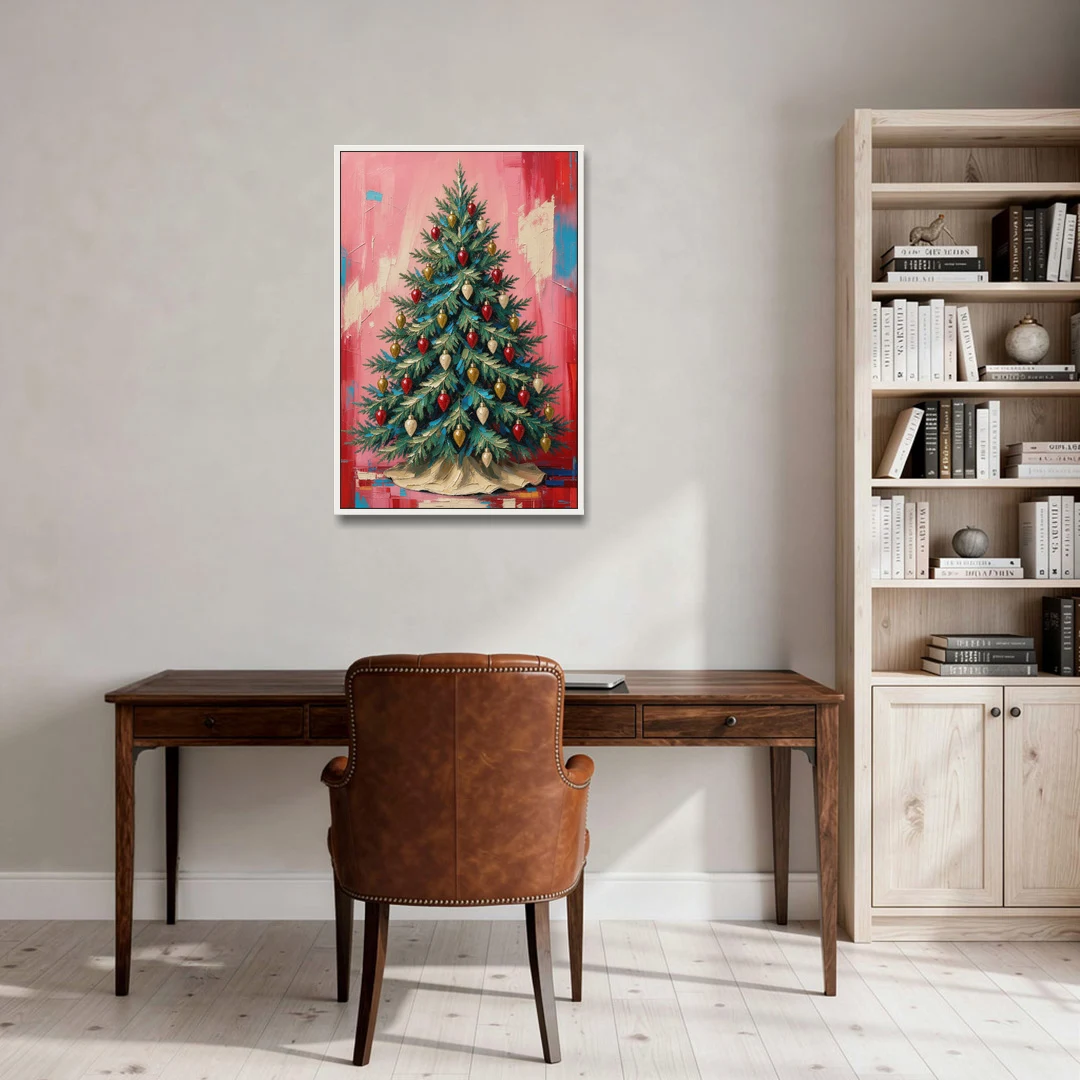 Christmas Tree Canvas Painting with Vintage Bulbs - White Framed Canvas Wall Art - Office - 24x36