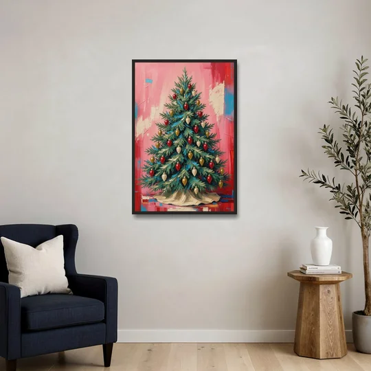 Christmas Tree Canvas Painting with Vintage Bulbs - Black Framed Canvas Wall Art - Sofa - 24x36