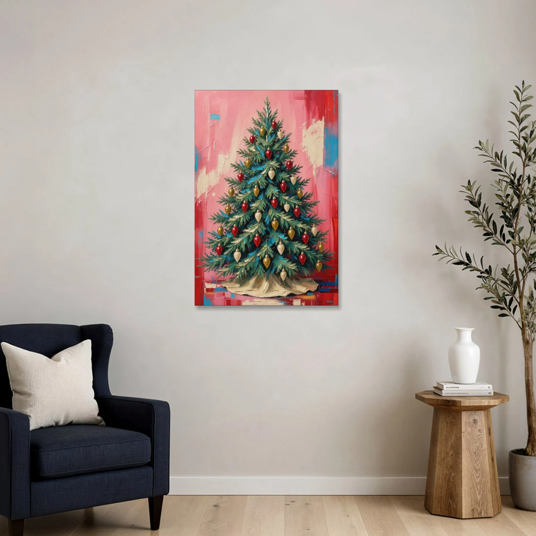 Christmas Tree Canvas Painting with Vintage Bulbs - Canvas Wall Art - Sofa - 24x36