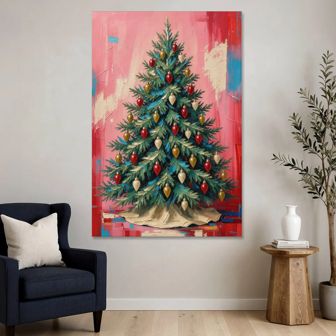 Christmas Tree Canvas Painting with Vintage Bulbs - Canvas Wall Art - Sofa - 40x60