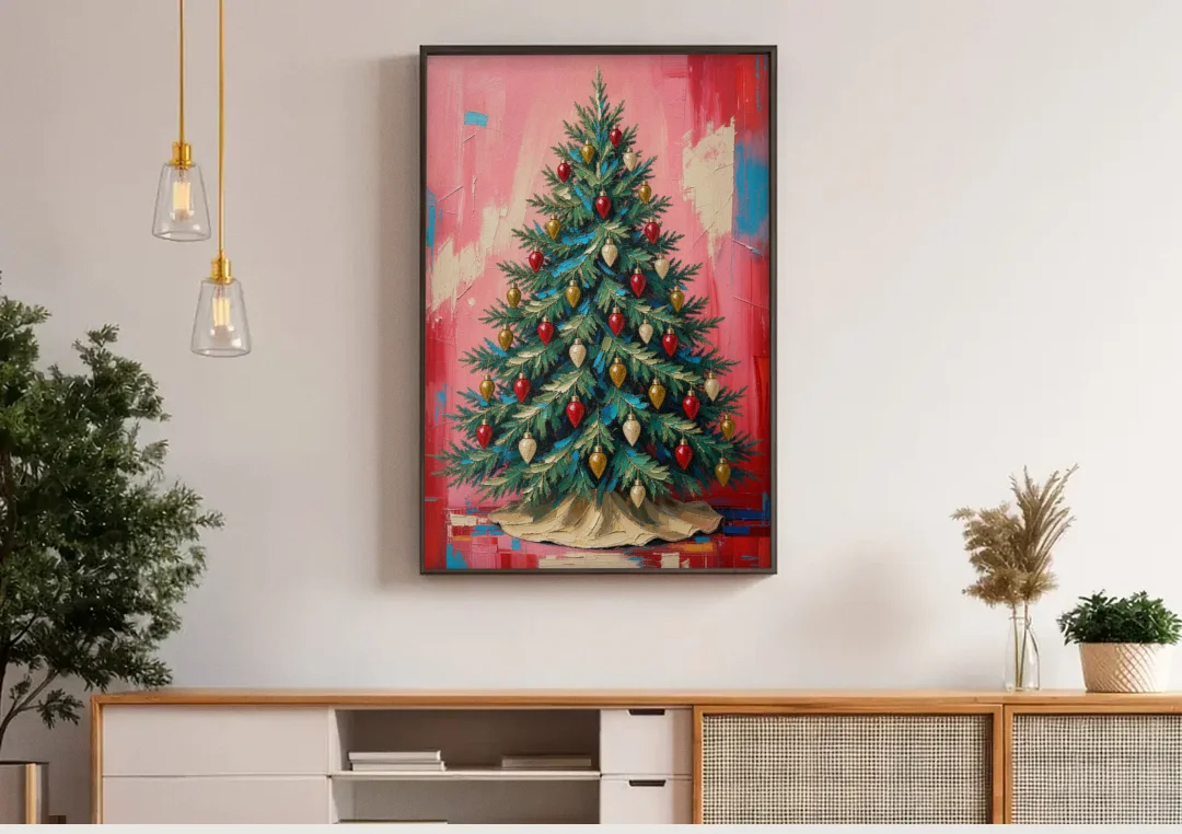 Christmas Tree Canvas Painting with Vintage Bulbs canvas wall art above a wooden sideboard under pendant lights