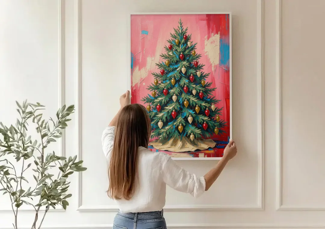 Christmas Tree Canvas Painting with Vintage Bulbs canvas wall art being hung on a paneled wall