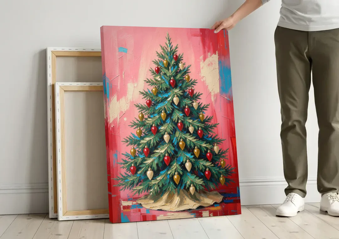 Christmas Tree Canvas Painting with Vintage Bulbs canvas wall art leaning against a wall next to blank canvases