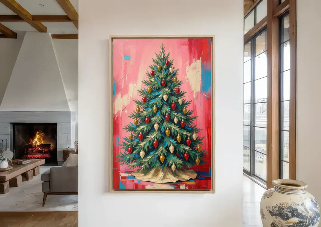 Christmas Tree Canvas Painting with Vintage Bulbs canvas wall art in a living room with a fireplace