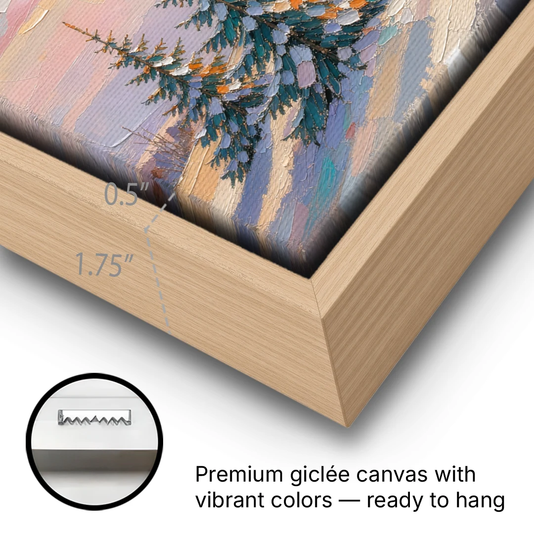 Christmas Tree Farm Painting on a Sunset Hill - Oak Framed Canvas Wall Art - Gallery Wrap Corner