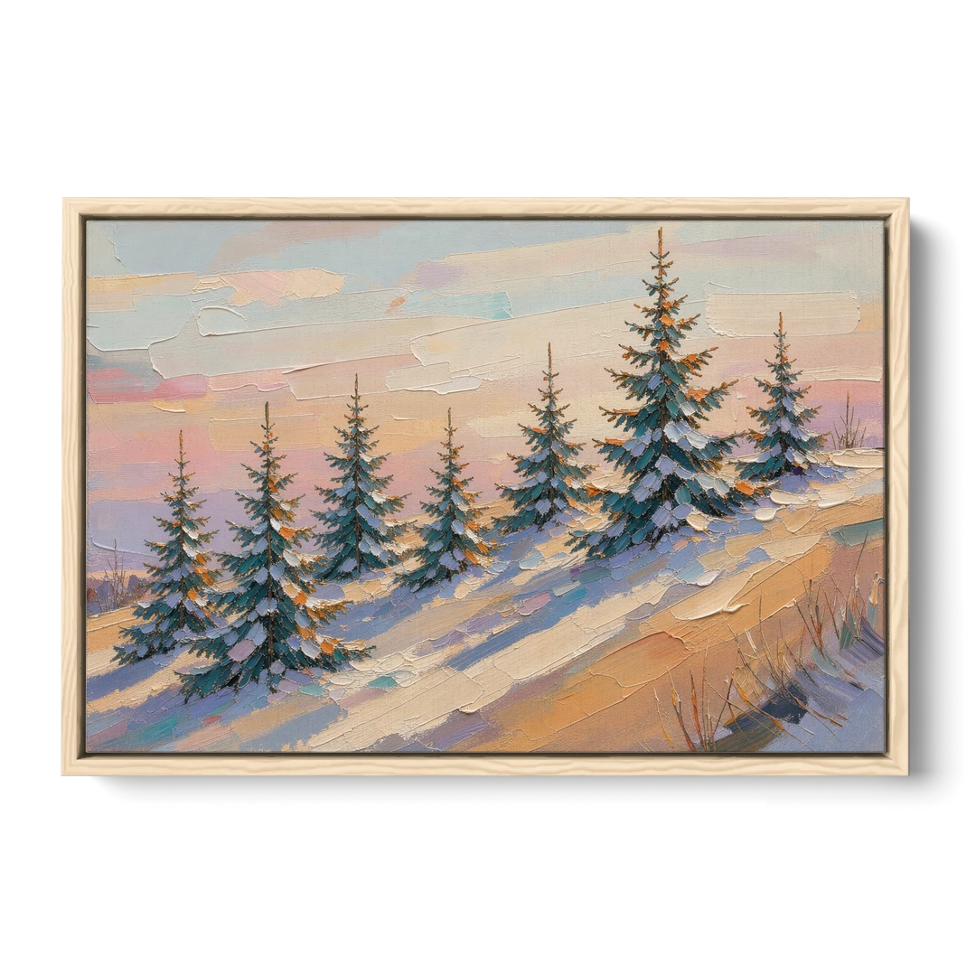 Christmas Tree Farm Painting on a Sunset Hill - Oak Framed Canvas Wall Art - Front