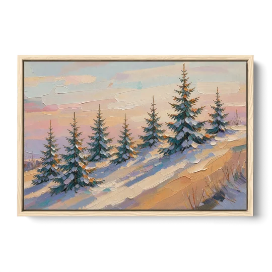 Christmas Tree Farm Painting on a Sunset Hill - Oak Framed Canvas Wall Art - Front