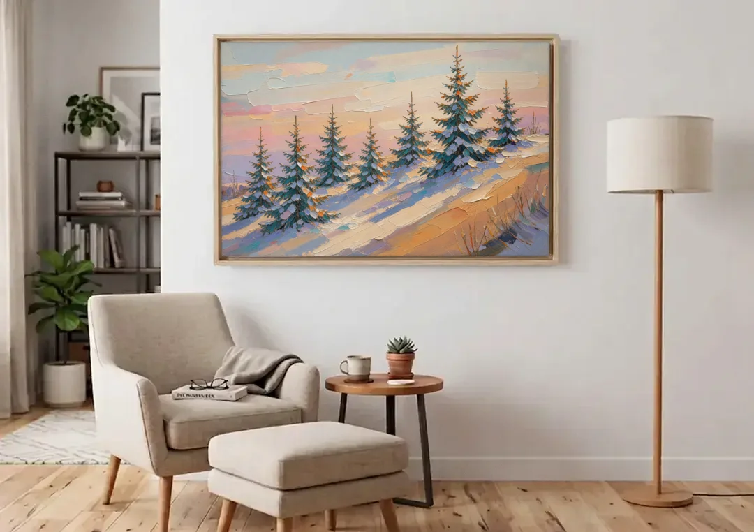 Christmas Tree Farm Painting on a Sunset Hill canvas wall art above an armchair in a bright living room