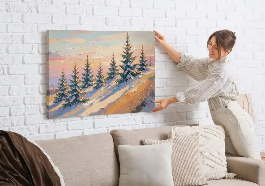 Christmas Tree Farm Painting on a Sunset Hill canvas wall art being hung on a white brick wall above a sofa
