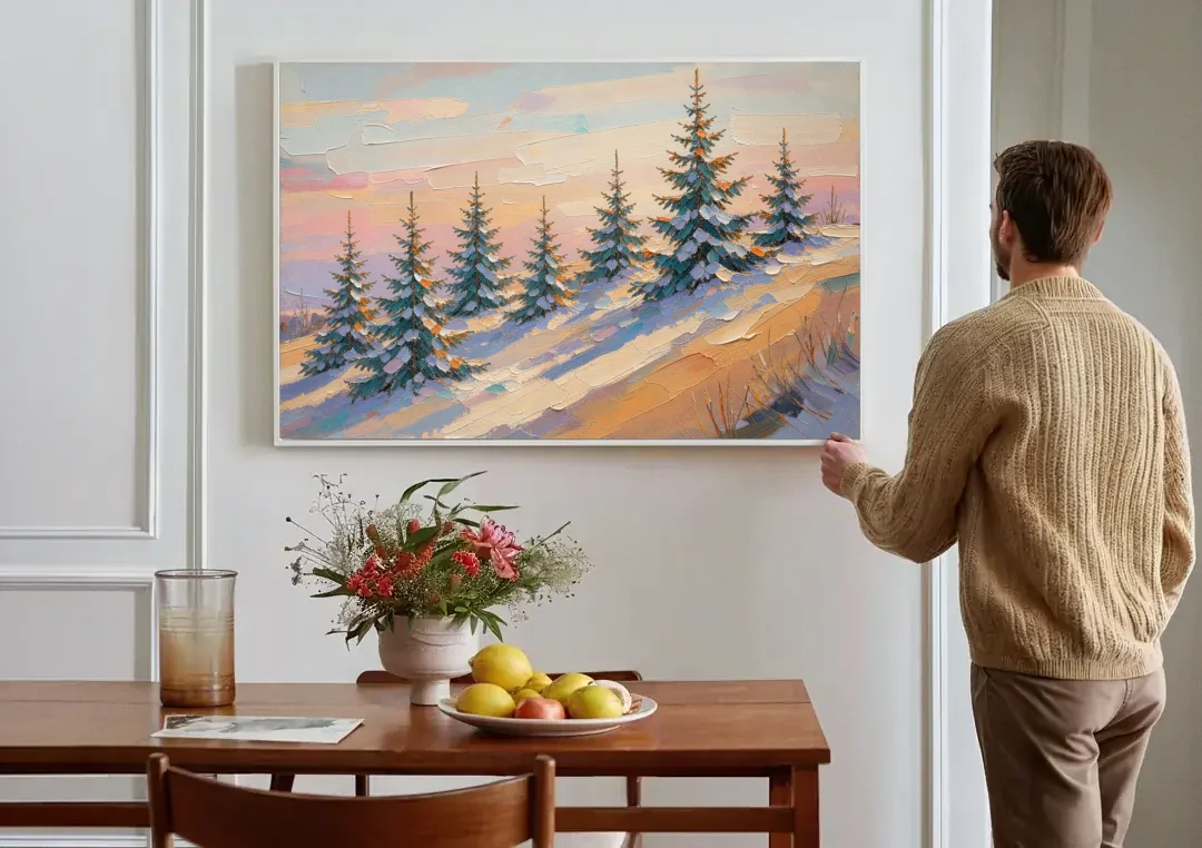 Christmas Tree Farm Painting on a Sunset Hill canvas wall art above a dining table