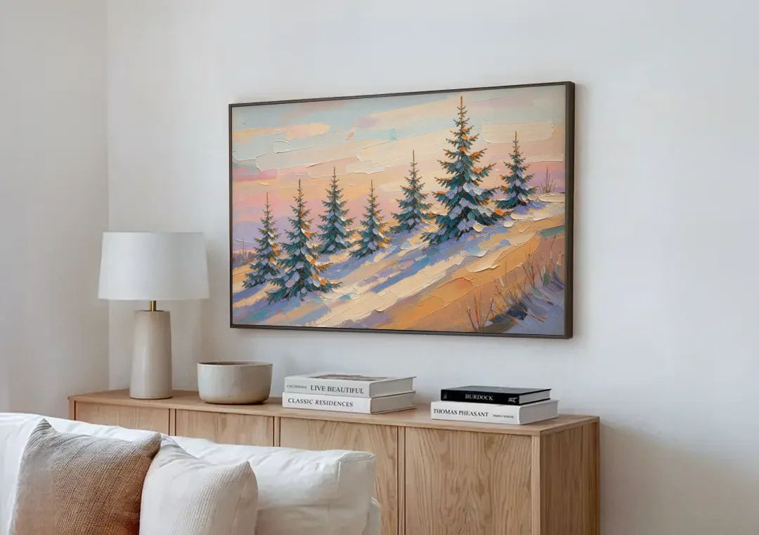 Christmas Tree Farm Painting on a Sunset Hill canvas wall art above a wooden sideboard next to a sofa