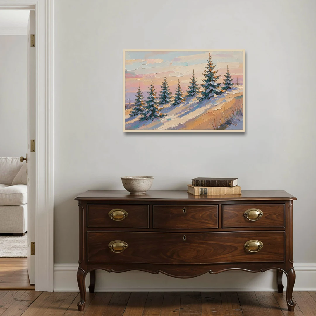 Christmas Tree Farm Painting on a Sunset Hill - Oak Framed Canvas Wall Art - Coffee Table - 36x24
