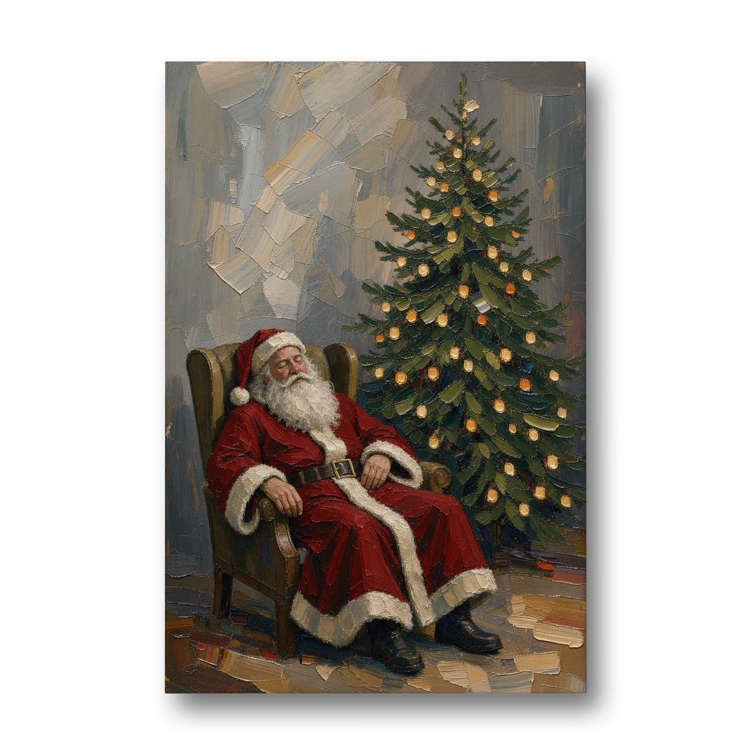 Christmas Tree Painting Canvas with Santa Asleep - Canvas Wall Art - Front