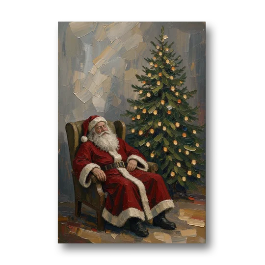 Christmas Tree Painting Canvas with Santa Asleep - Canvas Wall Art - Front