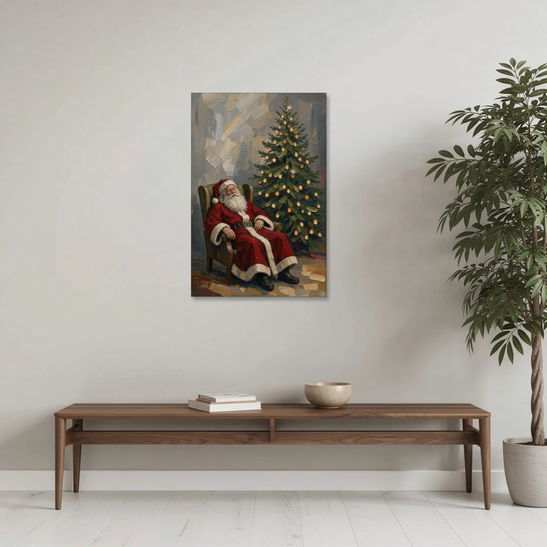 Christmas Tree Painting Canvas with Santa Asleep - Canvas Wall Art - Coffee Table - 24x36