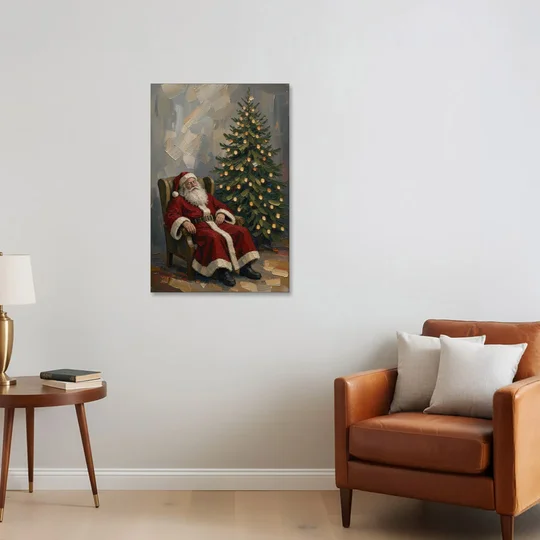 Christmas Tree Painting Canvas with Santa Asleep - Canvas Wall Art - Sofa - 24x36