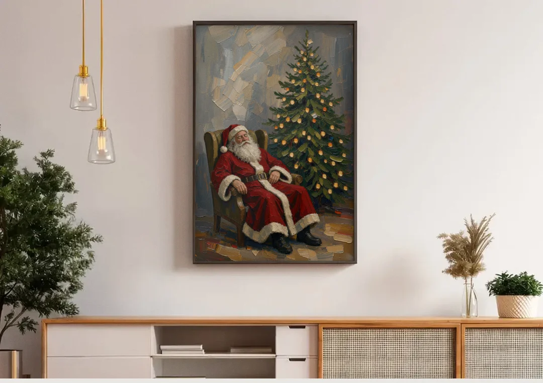 Christmas Tree Painting Canvas with Santa Asleep canvas wall art above a wooden sideboard under pendant lights