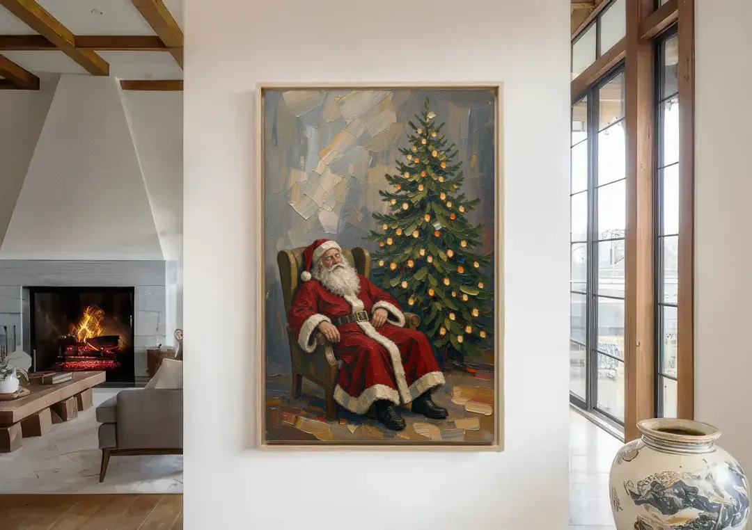 Christmas Tree Painting Canvas with Santa Asleep canvas wall art in a living room with a fireplace