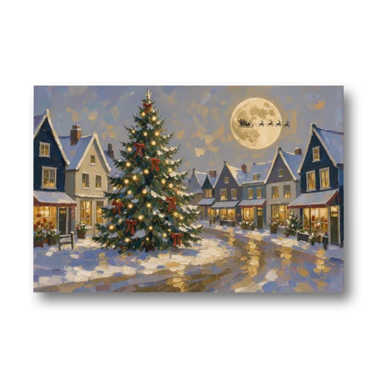 Christmas Village Wall Art with the Moonlit Tree Square - Canvas Wall Art - Front