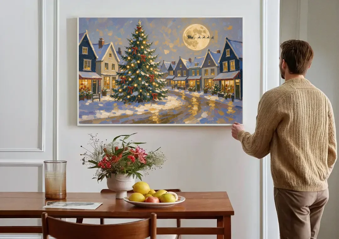 Christmas Village Wall Art with the Moonlit Tree Square canvas wall art above a dining table