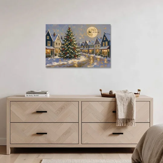 Christmas Village Wall Art with the Moonlit Tree Square - Canvas Wall Art - Coffee Table - 36x24