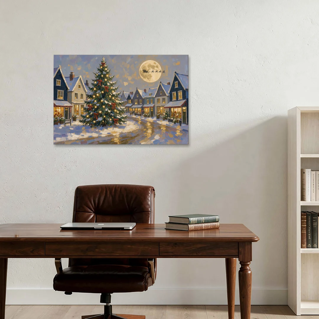 Christmas Village Wall Art with the Moonlit Tree Square - Canvas Wall Art - Office - 36x24