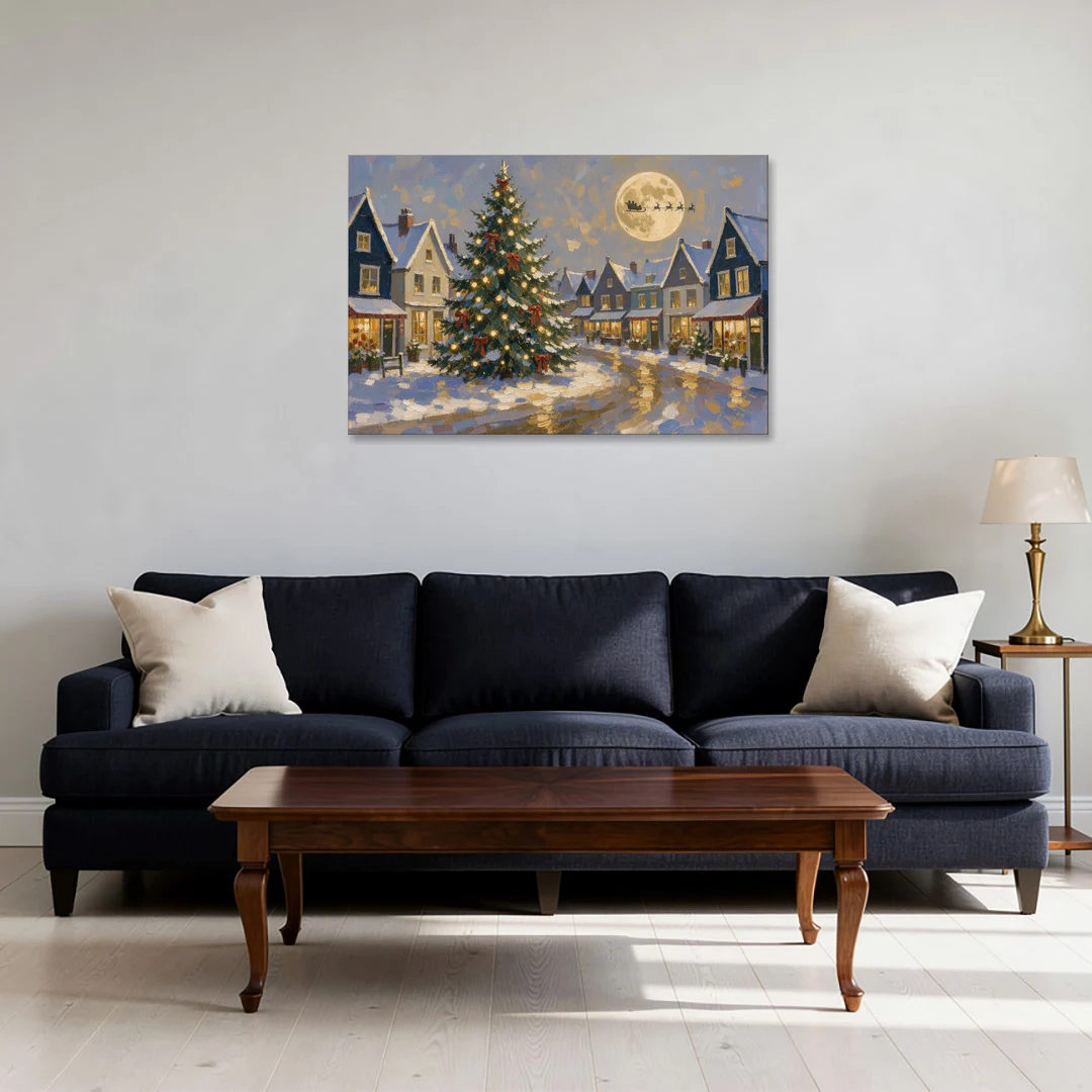 Christmas Village Wall Art with the Moonlit Tree Square - Canvas Wall Art - Sofa - 36x24
