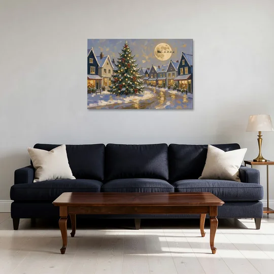 Christmas Village Wall Art with the Moonlit Tree Square - Canvas Wall Art - Sofa - 36x24