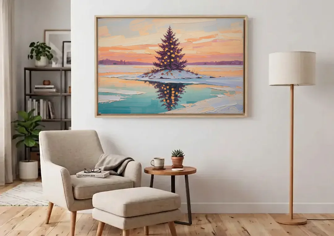 Christmas Wall Art Above Fireplace with Island Fir canvas wall art above an armchair in a bright living room