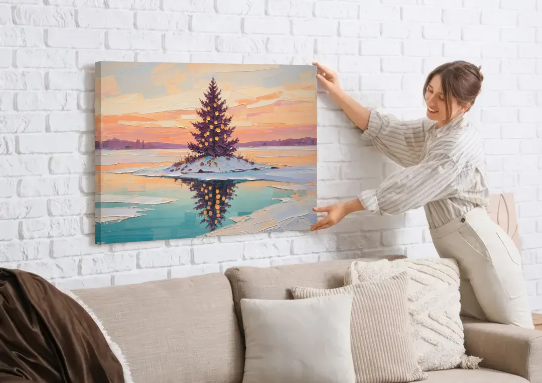 Christmas Wall Art Above Fireplace with Island Fir canvas wall art being hung on a white brick wall above a sofa
