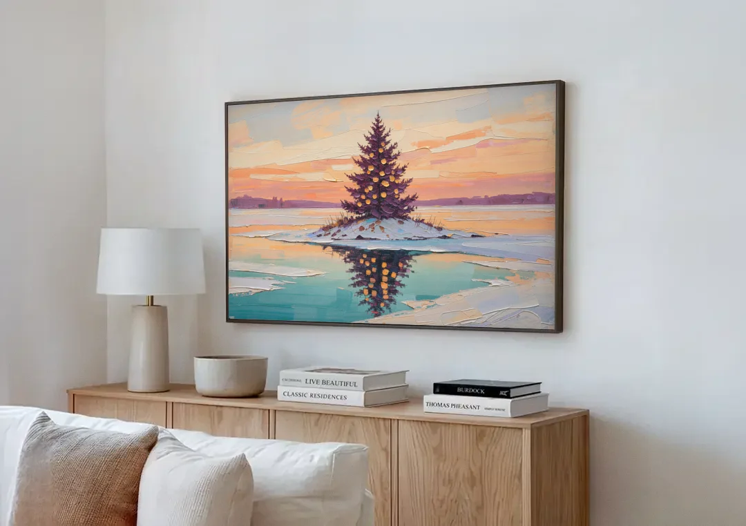 Christmas Wall Art Above Fireplace with Island Fir canvas wall art above a wooden sideboard next to a sofa
