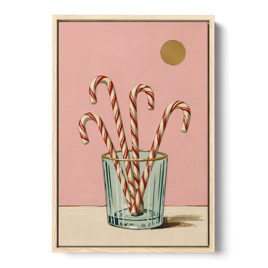 Christmas Wall Art for Kitchen with Candy Canes - Oak Framed Canvas Wall Art - Front