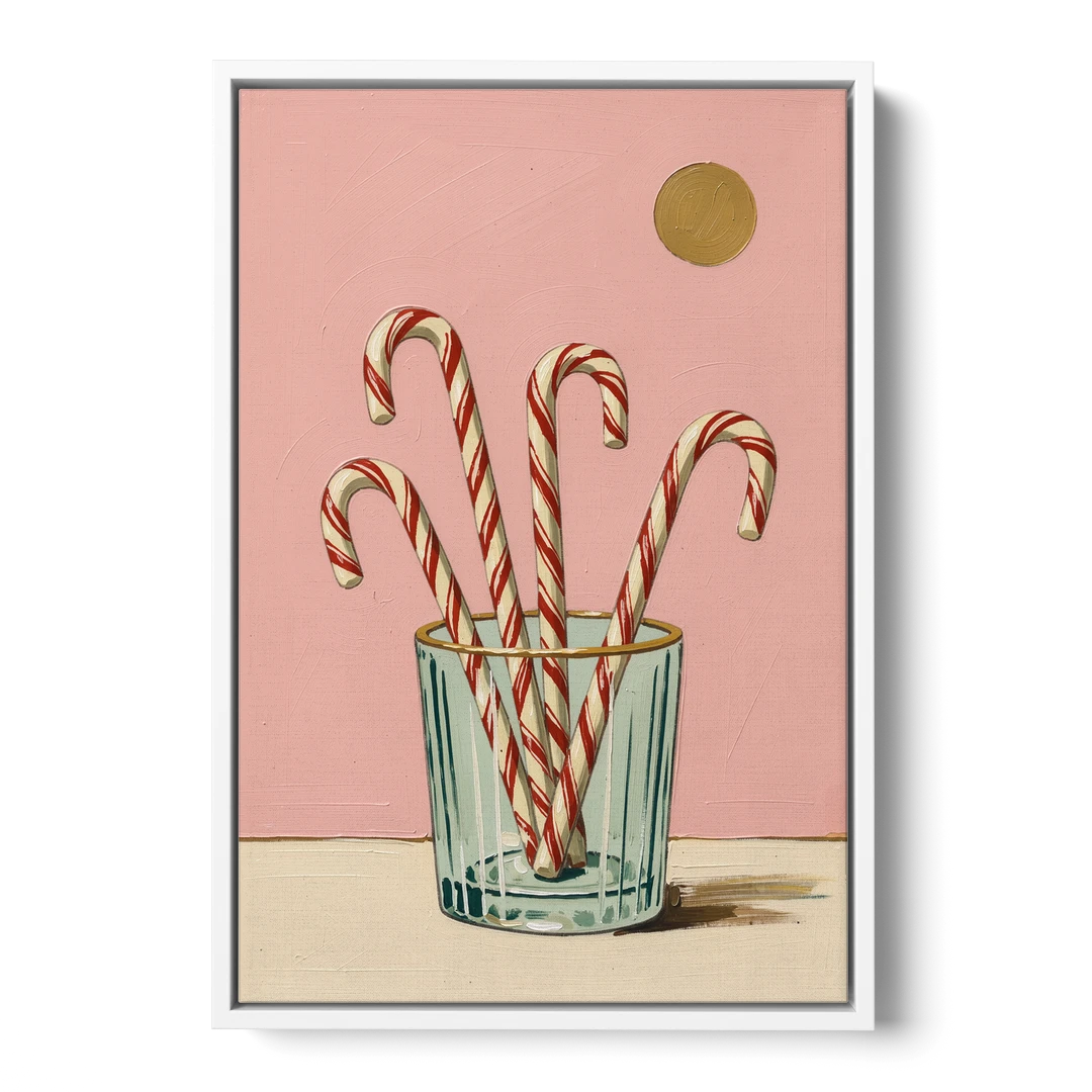 Christmas Wall Art for Kitchen with Candy Canes - White Framed Canvas Wall Art - Front