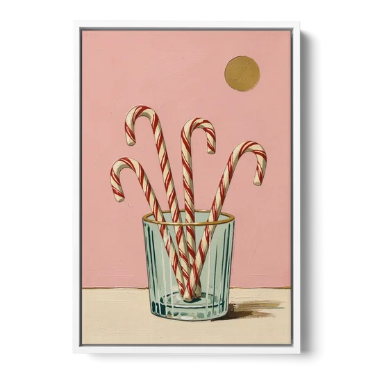 Christmas Wall Art for Kitchen with Candy Canes - White Framed Canvas Wall Art - Front