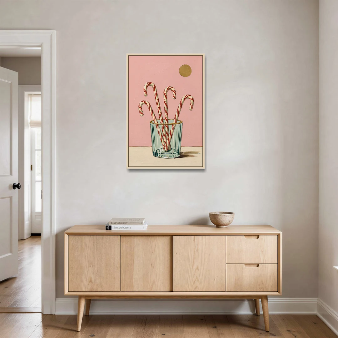 Christmas Wall Art for Kitchen with Candy Canes - Oak Framed Canvas Wall Art - Coffee Table - 24x36