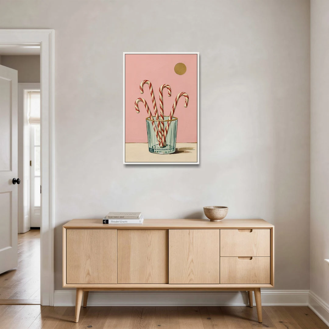 Christmas Wall Art for Kitchen with Candy Canes - White Framed Canvas Wall Art - Coffee Table - 24x36