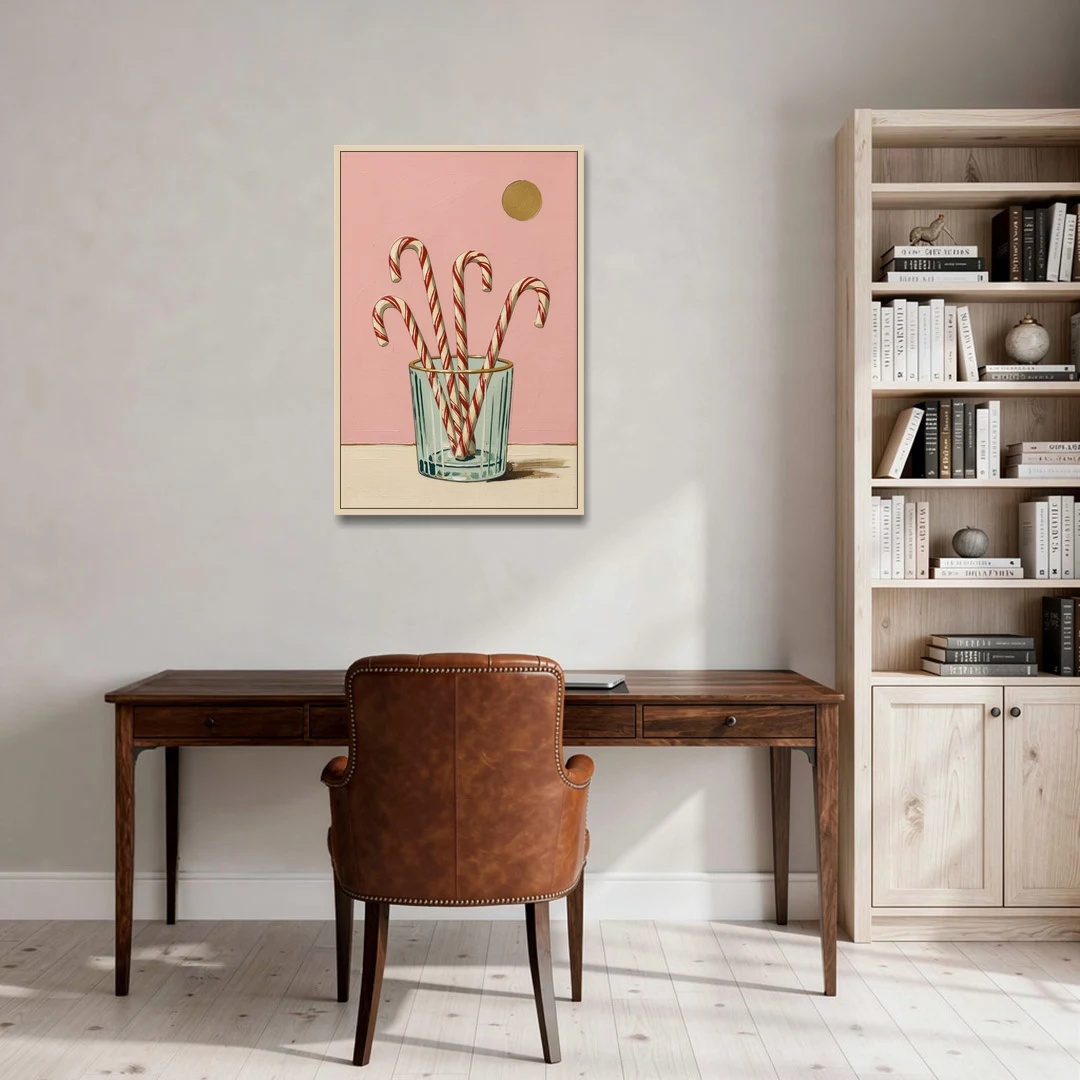 Christmas Wall Art for Kitchen with Candy Canes - Oak Framed Canvas Wall Art - Office - 24x36