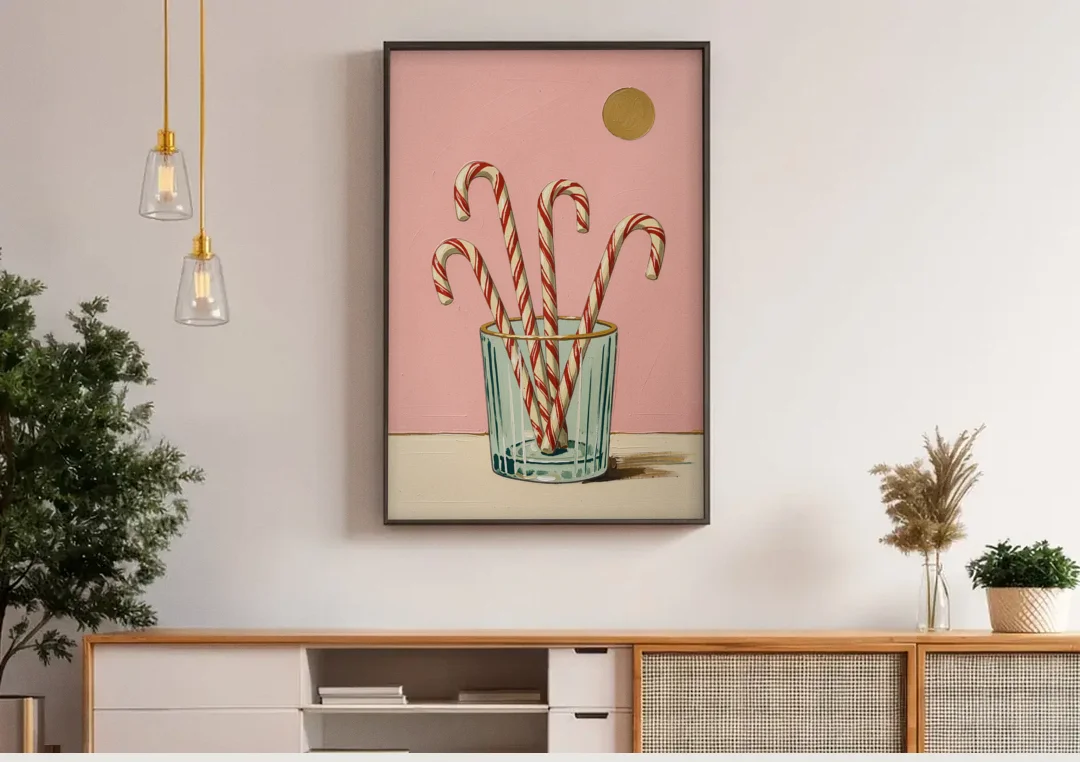 Christmas Wall Art for Kitchen with Candy Canes canvas wall art above a wooden sideboard under pendant lights