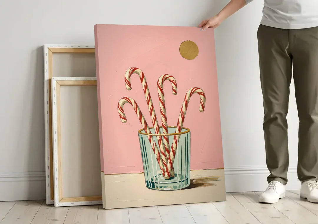 Christmas Wall Art for Kitchen with Candy Canes canvas wall art leaning against a wall next to blank canvases