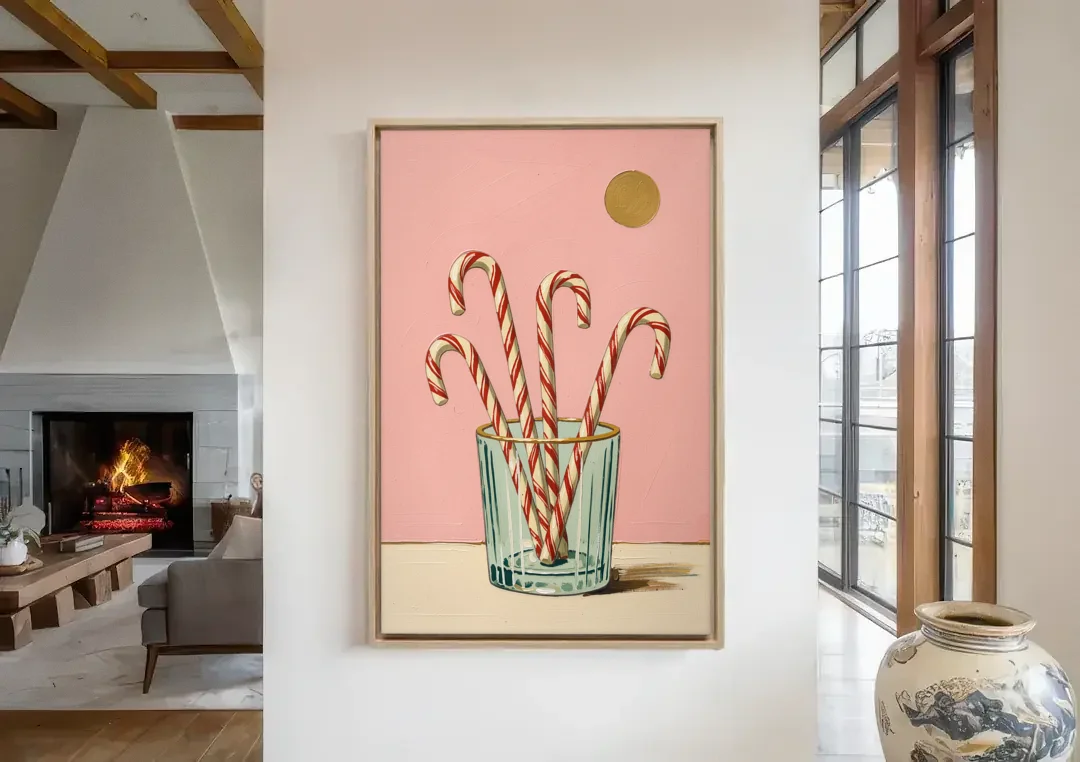 Christmas Wall Art for Kitchen with Candy Canes canvas wall art in a living room with a fireplace