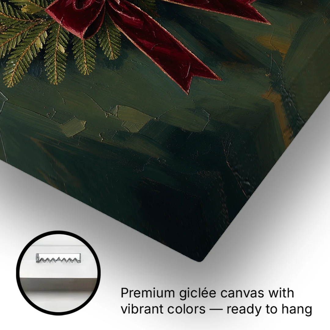 Christmas Wreath Painting with a Velvet Bow - Canvas Wall Art - Gallery Wrap Corner
