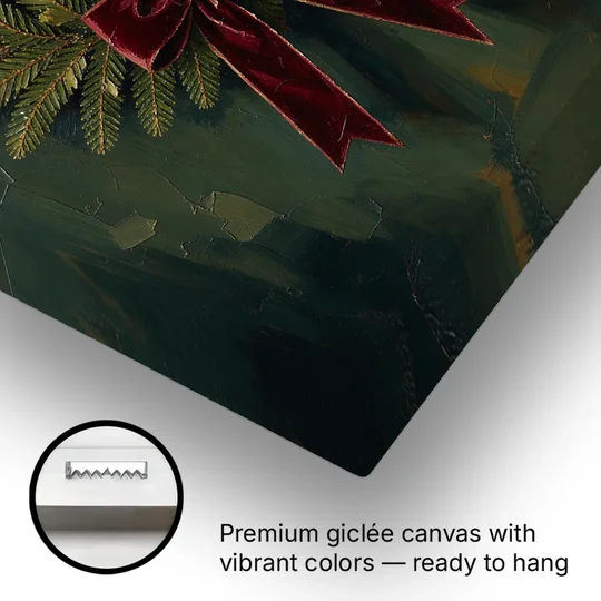 Christmas Wreath Painting with a Velvet Bow - Canvas Wall Art - Gallery Wrap Corner