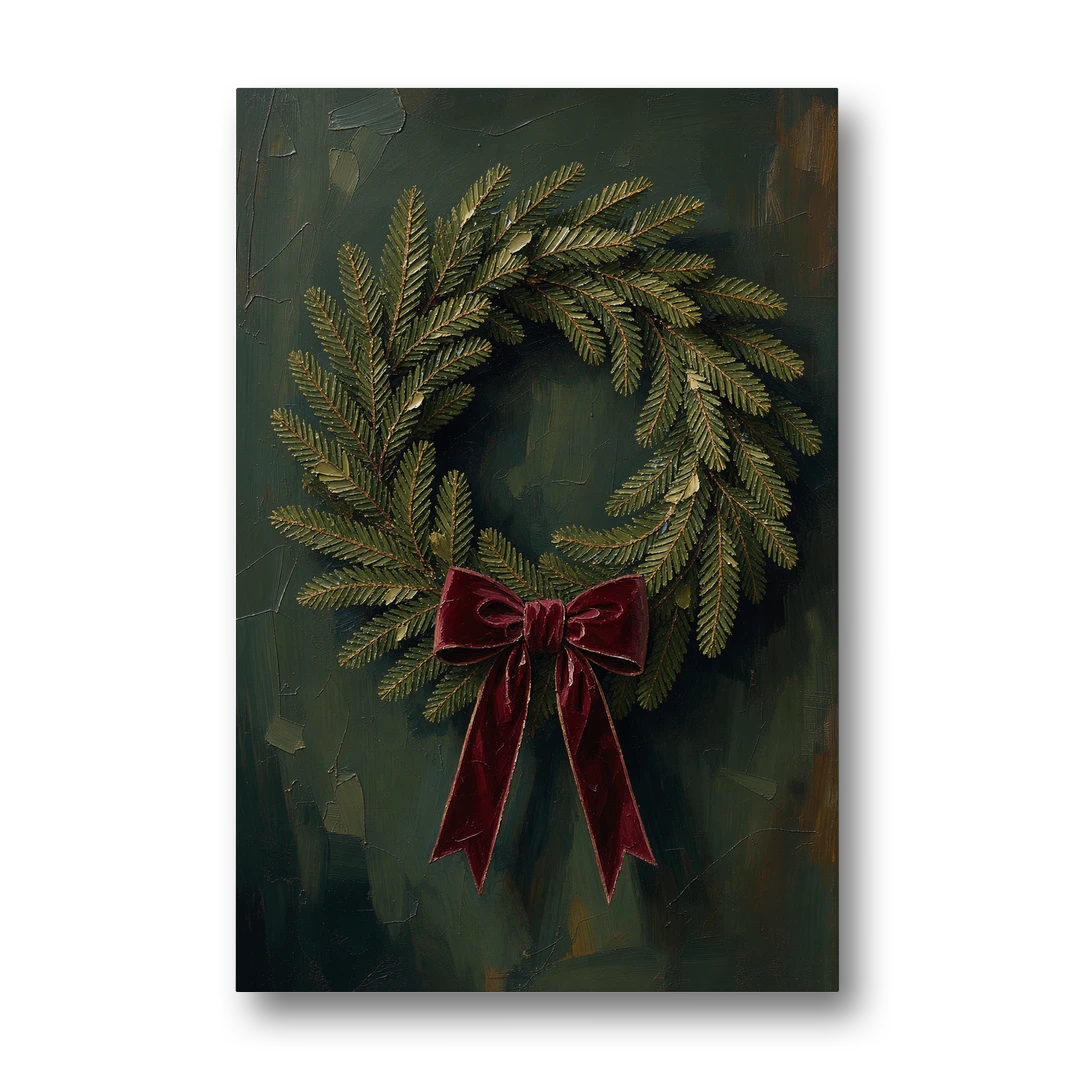 Christmas Wreath Painting with a Velvet Bow - Canvas Wall Art - Front