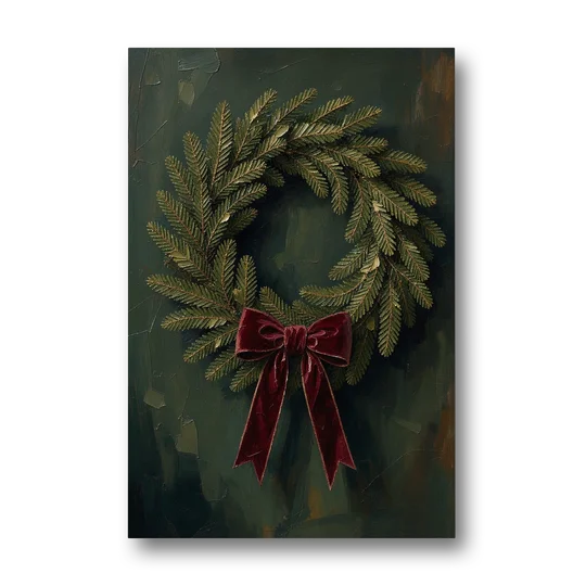 Christmas Wreath Painting with a Velvet Bow - Canvas Wall Art - Front