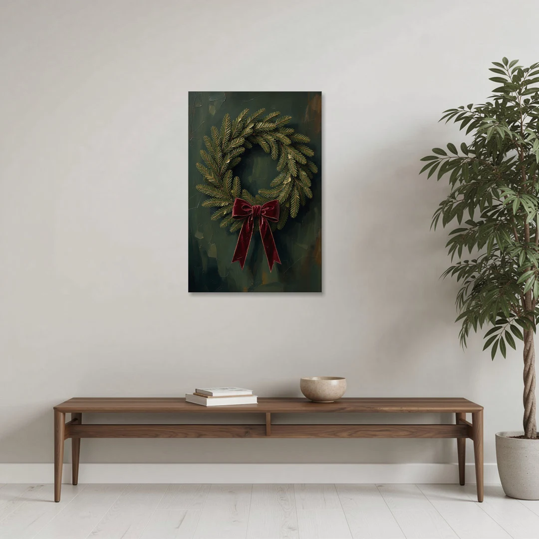 Christmas Wreath Painting with a Velvet Bow - Canvas Wall Art - Coffee Table - 24x36